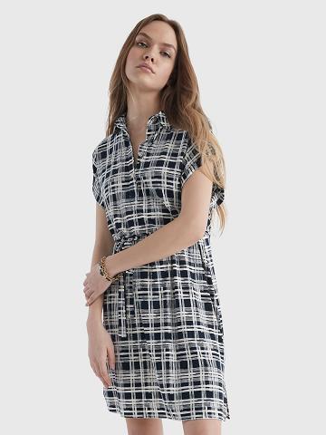 Női Tommy Hilfiger Rövid-Sleeve Plaid Shirtdress Dresses Kék Fehér | HU 115WNB